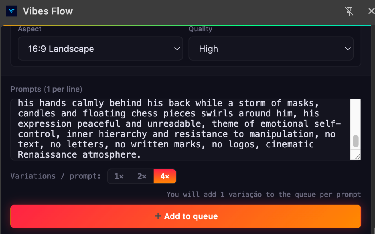 Sidepanel composer with image mode, 1 to 4 variations per prompt and add-to-queue button